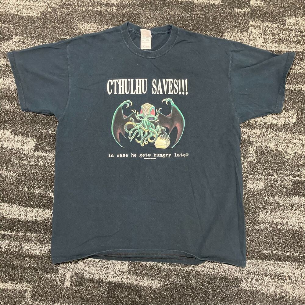 Vintage 2009 Cthulhu Saves T Shirt Mens XL Black HP Lovecraft Funny Graphic Tee